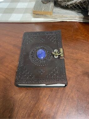 Leather Bound Notebook Journal with Semi Precious Stone Lapis Lazuli Rustic Town